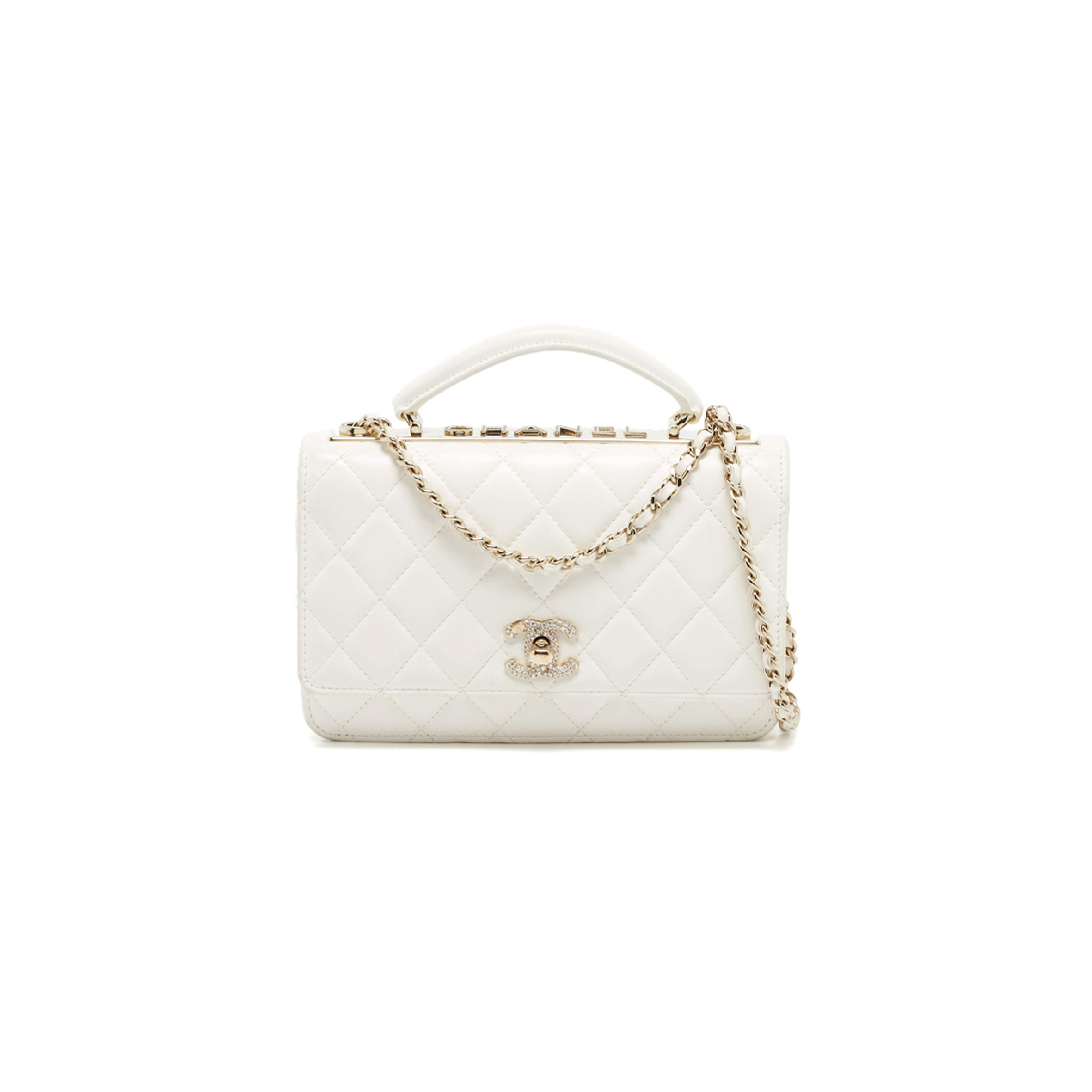 CHANEL TRENDY CC CRYSTAL WHITE QUILTED LEATHER TOP HANDLE WALLET ON CHAIN (19*12.5*3.5cm)
